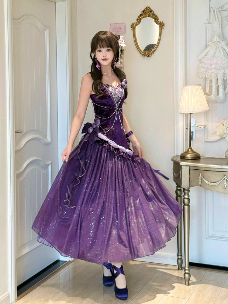Design Concept
This enchanting Classic Lolita dress is crafted from luxurious purple velvet, offering a soft and elegant drape. Designed as a mermaid-style princess gown with delicate straps, it accentuates the silhouette while maintaining a graceful Lolita charm. Perfect for tea parties, cosplay events, or special occasions, the dress exudes sophistication and playful elegance. Its high-quality fabric ensures comfort, while the exquisite tailoring highlights every detail, making it a standout piece for any
