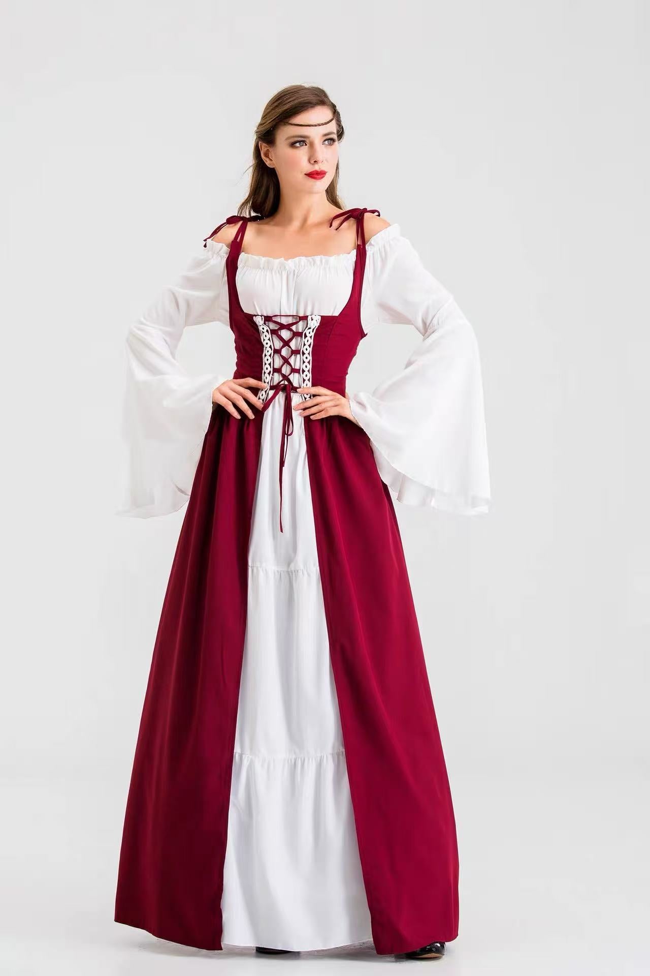 Design Concept
This Classic Lolita queen-style long gown showcases a red and white color combination with an elegant off-shoulder design. The fitted bodice and flowing skirt create a regal silhouette, perfect for Halloween, themed parties, stage performances, or festive events. Delicate Gothic detailing, including lace trims and tailored hems, gives the dress a sophisticated yet playful aesthetic. This design is distinct from similar products, offering a fresh take on queenly cosplay with its off-shoulder s
