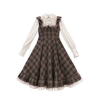 Classic Lolita Ruffle Hemmed Brown Plaid Dress Set Retro Waist Long School Dress Light Lolita