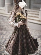 Classic Lolita Ruffle Hemmed Brown Plaid Dress Set Retro Waist Long School Dress Light Lolita