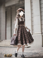 Classic Lolita Ruffle Hemmed Brown Plaid Dress Set Retro Waist Long School Dress Light Lolita