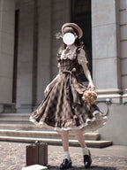 Classic Lolita Ruffle Hemmed Brown Plaid Dress Set Retro Waist Long School Dress Light Lolita
