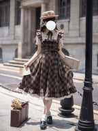 Classic Lolita Ruffle Hemmed Brown Plaid Dress Set Retro Waist Long School Dress Light Lolita