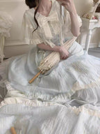 Classic Lolita Style Light Blue Long School Dress with A Ruffled Sleeve Summer Light Lolita