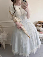 Classic Lolita Style Light Blue Long School Dress with A Ruffled Sleeve Summer Light Lolita