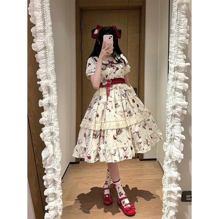 Classic Lolita Pastoral Floral Ruffle Print OP Princess Dress