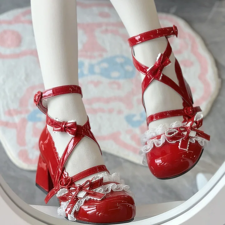 Lolita Shoes Classic Sweet Cute Block Mid-heel Bow Strap Lace Mary Jane