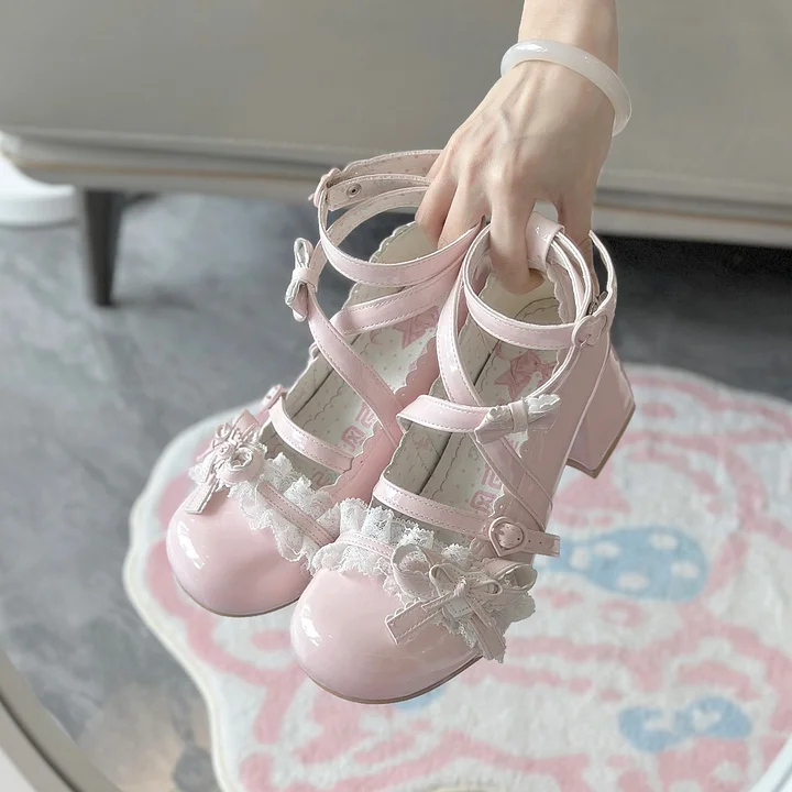 Lolita Shoes Classic Sweet Cute Block Mid-heel Bow Strap Lace Mary Jane