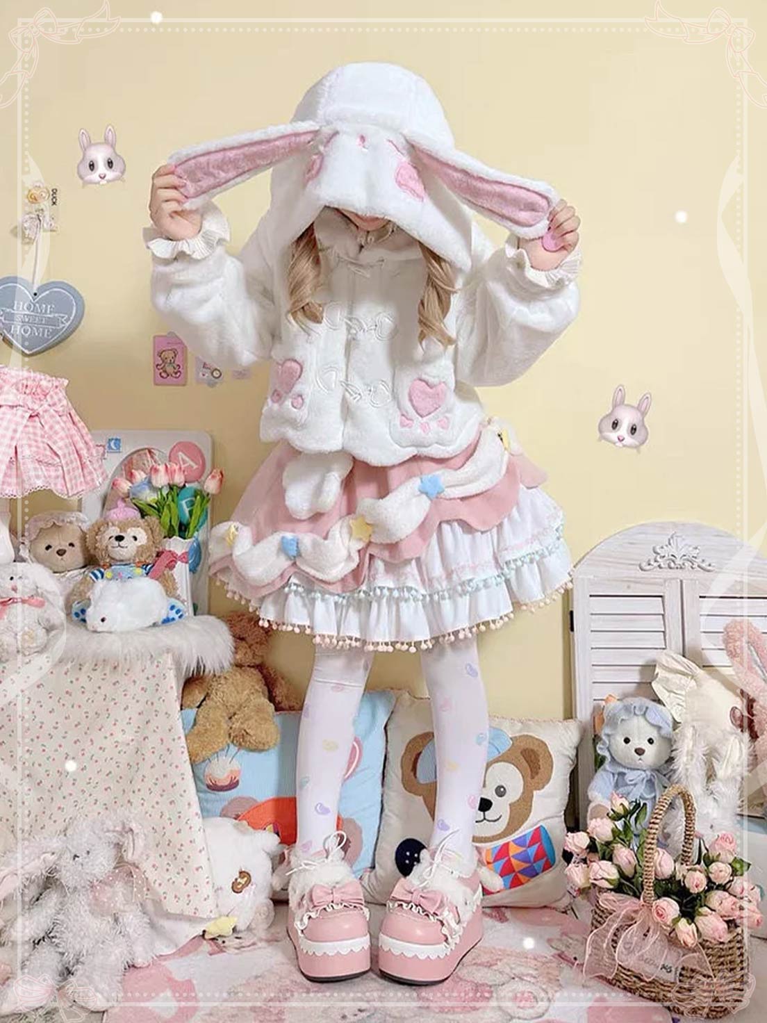 Cute Bunny's Ears Hooded Coat Winter Lolita Brushed Coat for Women