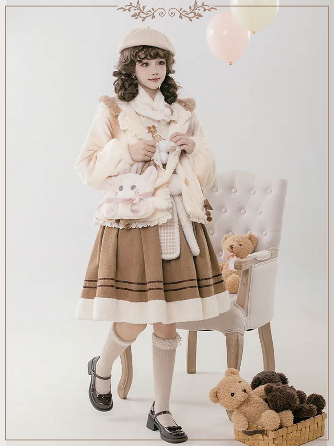 Cute Plush Hooded Jacket Bear Ear Print Plush Jacket Warm Lolita Winter Lolita Coats