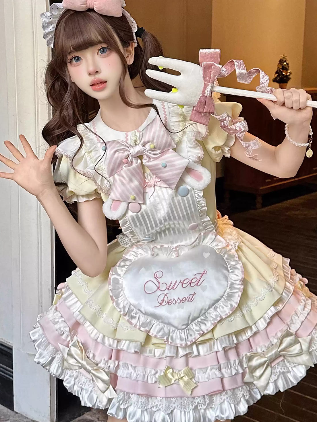 Cute Sweet Lolita Multi Layer Yellow Cream Ruffled and Bow Decorated Dress