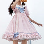 Cute Teen Lolita Summer Sweetheart Bestie Striped Op Short Sleeve Dress