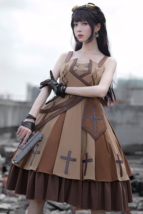 Brown Retro Military Style Dawn Classic Lolita JSK Dress Full Set