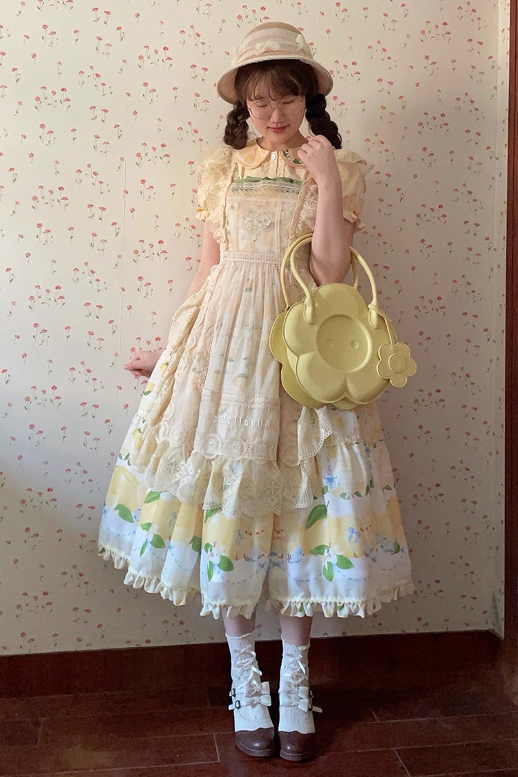 Yellow Lemon Chicken Print Ruffle Bowknot Lace Sweet Lolita Jsk Long Dress