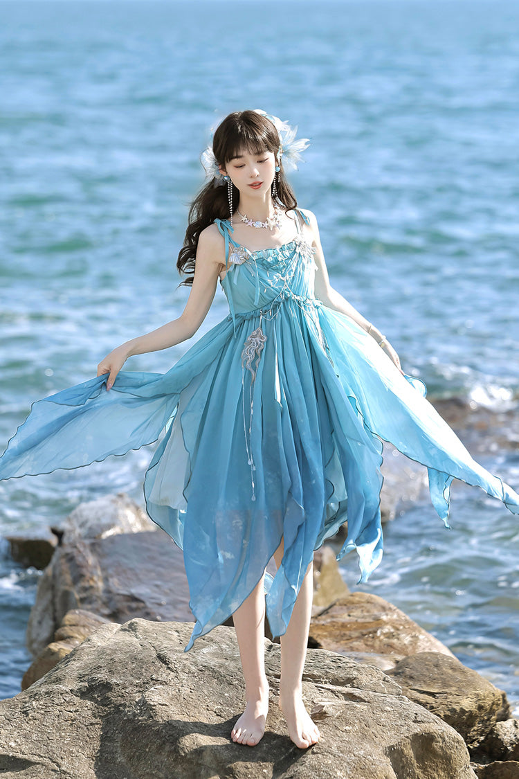 Blue Ocean Sprite Gradient Print Irregular Hooded Sweet Lolita Jsk Dress Cloak Set