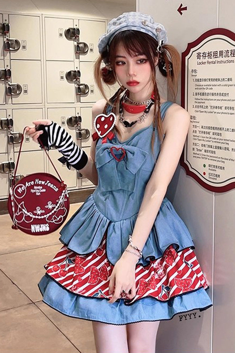 Blue Cherry Sleeveless Triple-Layered Print Ruffle Bowknot Denim Sweet Japanese Vintage Lolita Jsk Dress