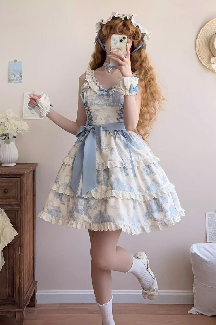 Blue Grape Moon Almanac Sleeveless Multi-Layered Printed Ruffled Bow Adjustable-Length Sweet Lolita Jsk Dress
