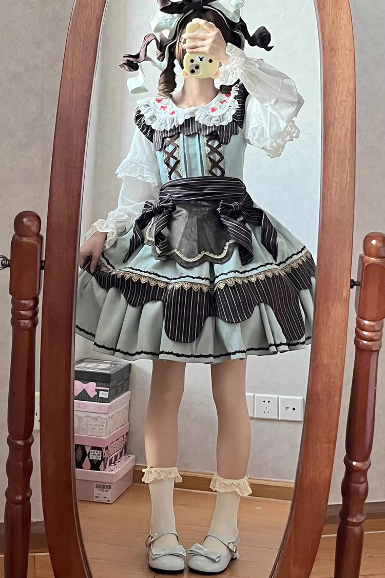 Strawberry and Mint Chocolate Double-Layered Printed Bow Lace-Up Irregular Sweet Lolita Dress 2 Colors