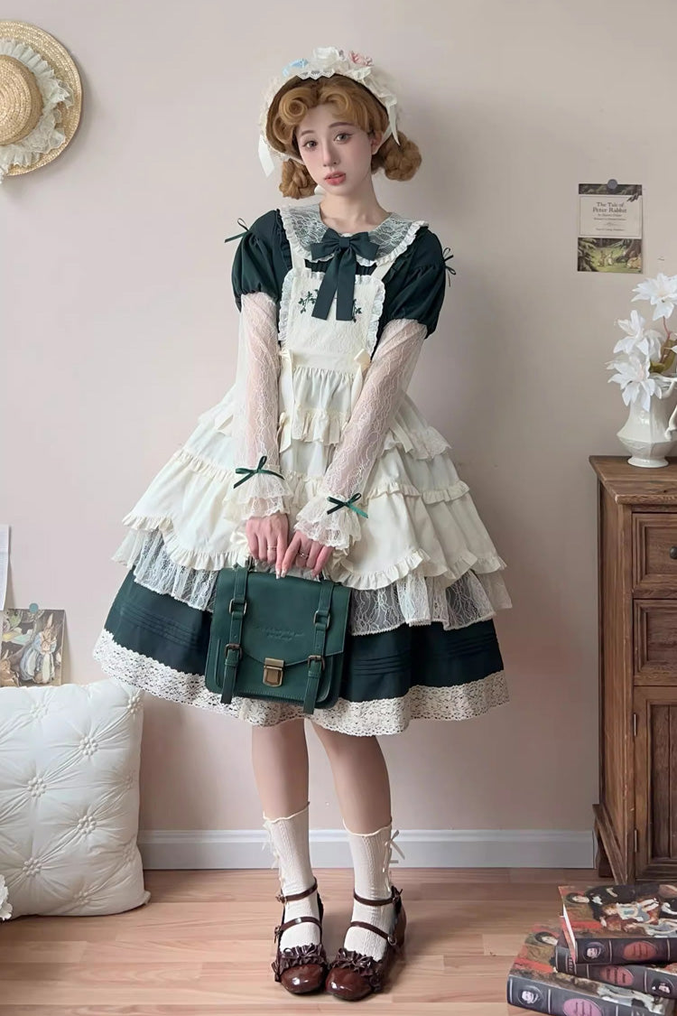 Green Mist over Flowers Along the Path Lapel Collar Long Sleeves Embroidery Bowknot Lace Sweet Lolita Dress
