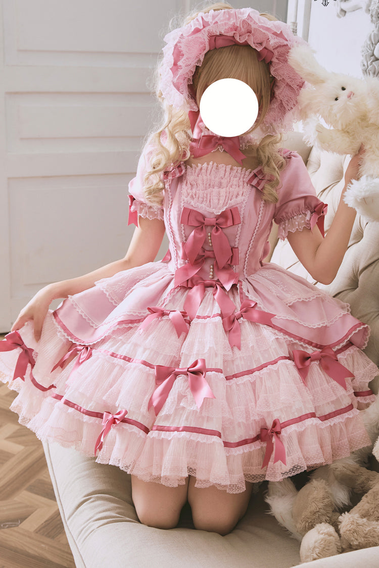 Pink Velvet Cake Long Trumpet Sleeves Multi-Layered Ruffle Bowknot Lace Sweet Lolita Dress