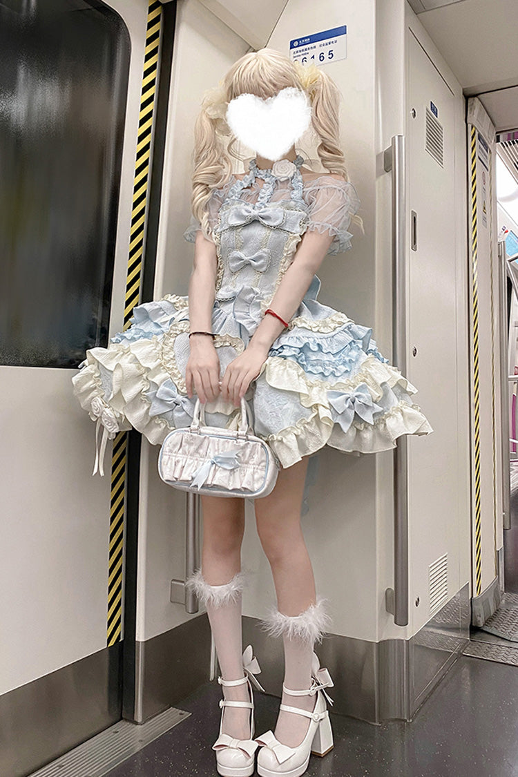 Blue Heart of Butterfly Halterneck Sleeveless Multi-Layered Ruffle Embroidery Princess Ballet Lolita Jsk Dress Set