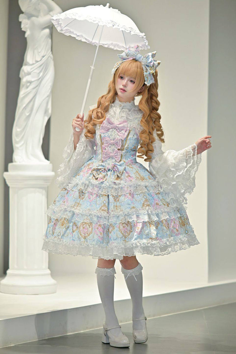 Blue Candelabrum Elegy Sleeveless Triple-Layered Flower Wall Printed Ruffled Bow Lace Sweet Lolita Jsk Dress