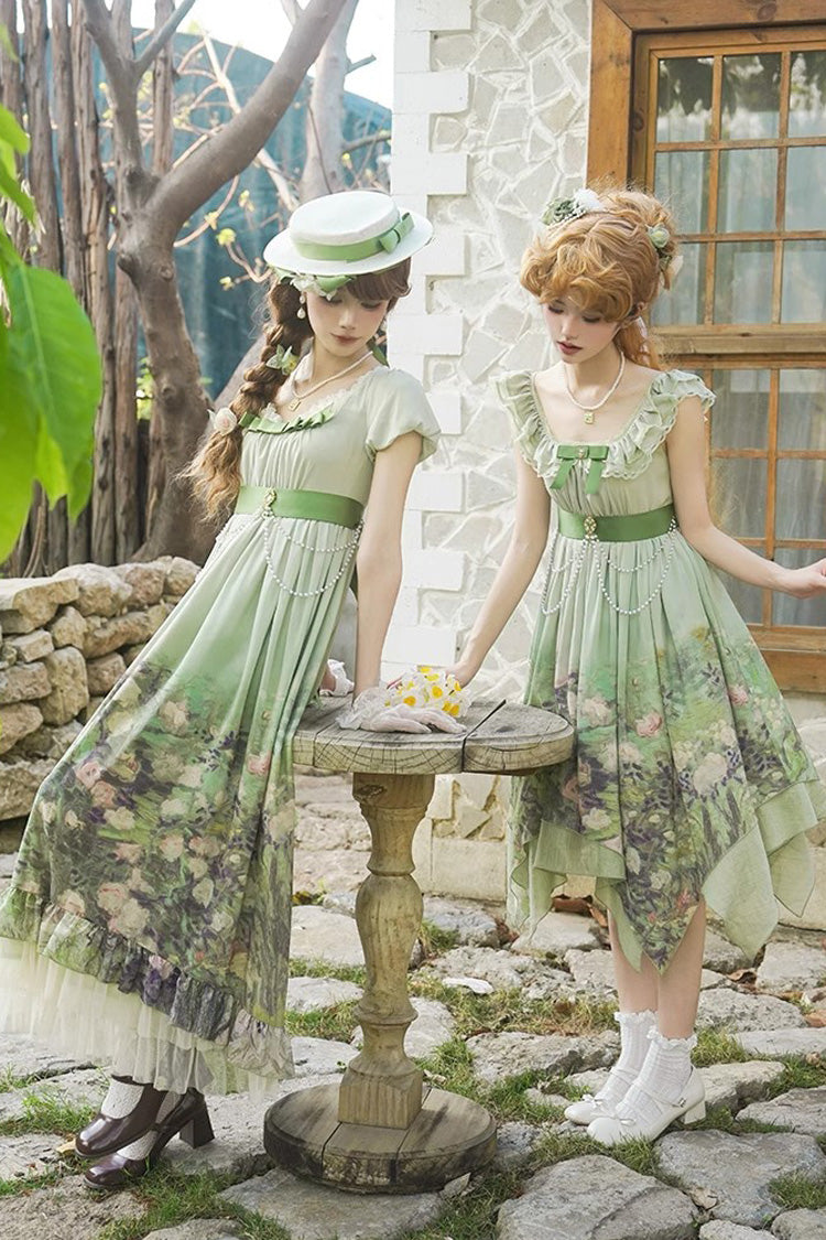 Green Blooming Roses Print Oil Painting Chiffon Ruffle Bowknot Irregular Sweet Lolita Jsk Dress