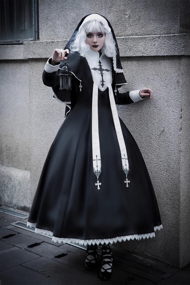 Black Nun Long Sleeves Print Stitching Lace Gothic Elegant Lolita Dress