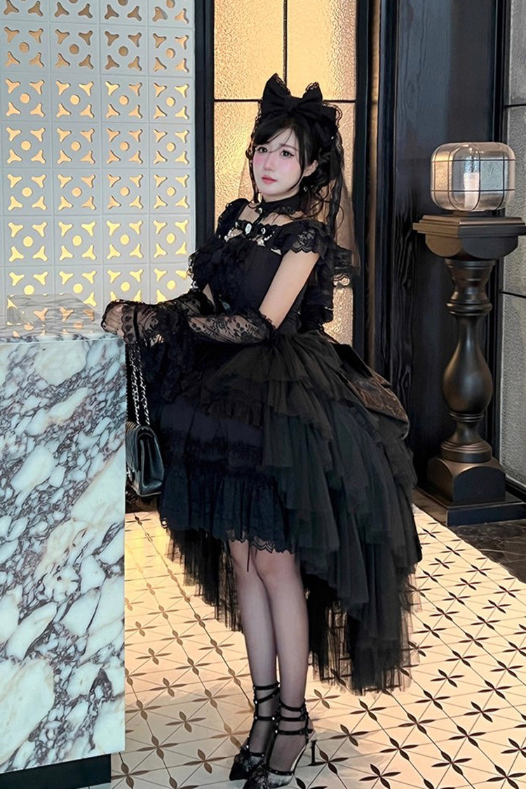 Black Jewelry Love Story Halterneck Ruffle Hanayome Bowknot Lace Gothic Lolita Dress
