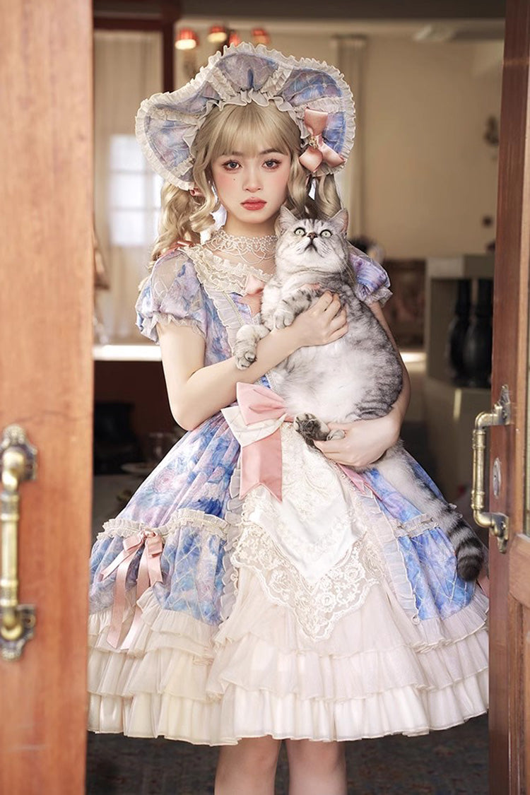 Angel Heart Sky Oil Painting Print Ruffle Cardigan Bowknot Sweet Princess Lolita Dress 3 Colors