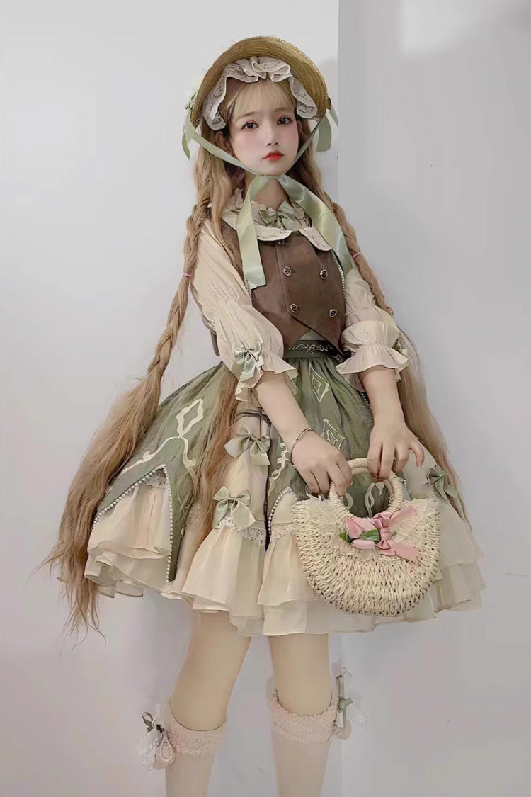 Green The Wizard of Oz Multi-Layered Print Ruffle Bowknot Sweet Lolita Dress Three Piece Set