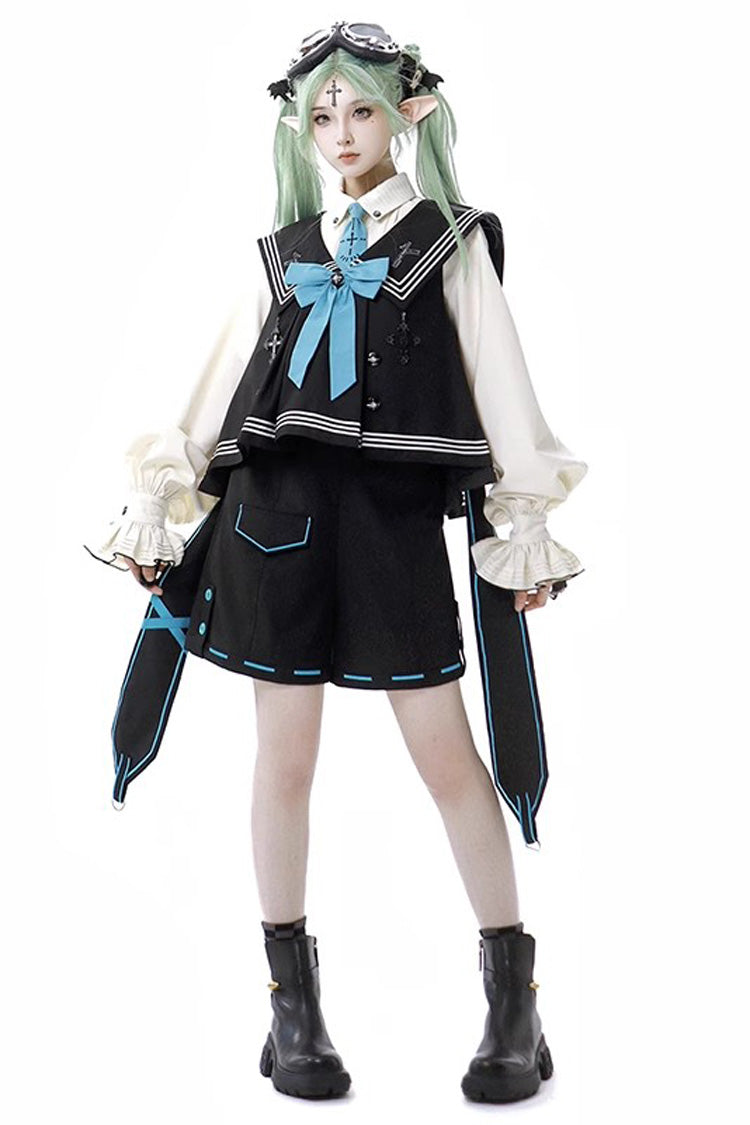 Dark Blue Magician Long Sleeves Ouji Prince Mechanical Style Lolita Shorts Vest Set