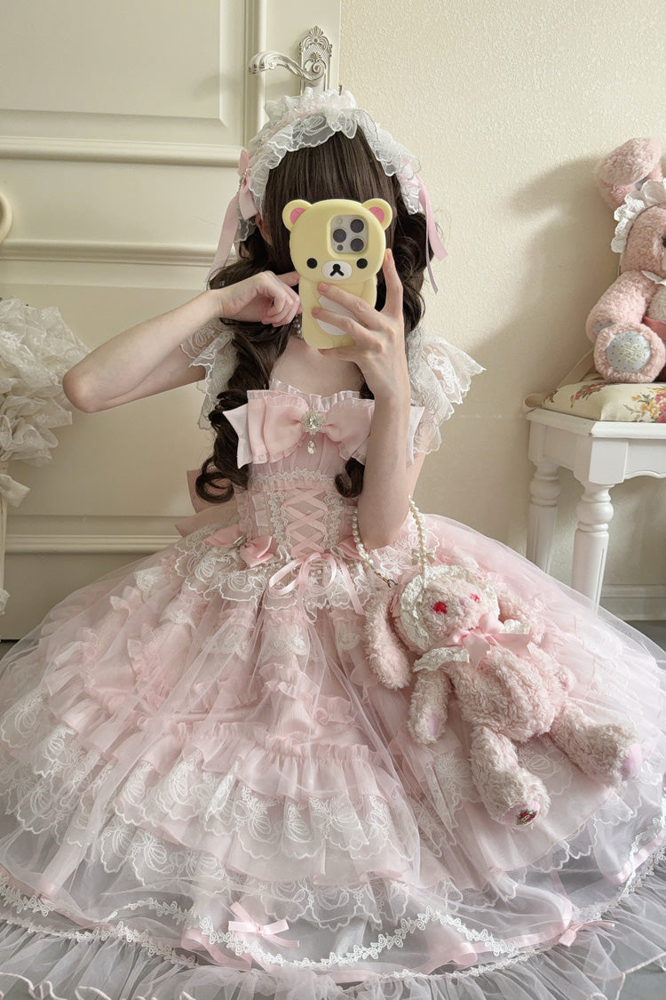 Pink Eternal Vow Sleeveless Multi-Layered Ruffle Hanayome Bowknot Lace Lace-Up Sweet Lolita Jsk Dress