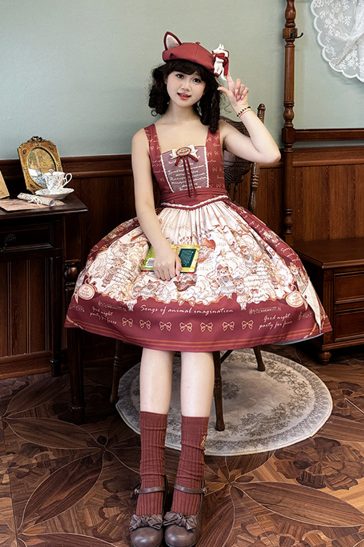 Wine Red Fox Band Print Square Collar Bowknot Classic Lolita Jumper Dress