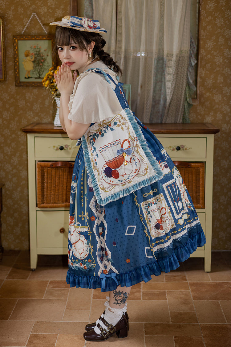 Dark Blue Tea Party Print Ruffle Bowknot Lace Sweet Elegant Lolita Jsk Dress
