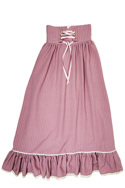 Pink Vintage Palace Style Ruffled Stripe Print High Waisted Classic Lolita Dress Skirt