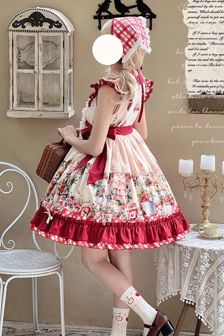 Red December Strawberry Bear Print Ruffle Bowknot Sweet Lolita Dress