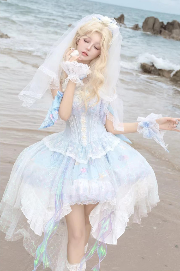 Sea Blue Mermaid's Tears Sleeveless Ombre Printed Hanayome Pearl-Decorated Sweet Lolita Jsk Dress Set