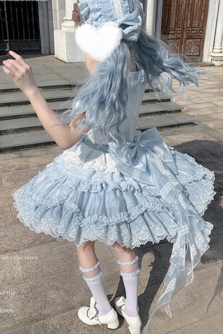 Blue Whale Lapel Collar Short Sleeves Triple-Layered Ruffle Embroidery Sweet Lolita Dress