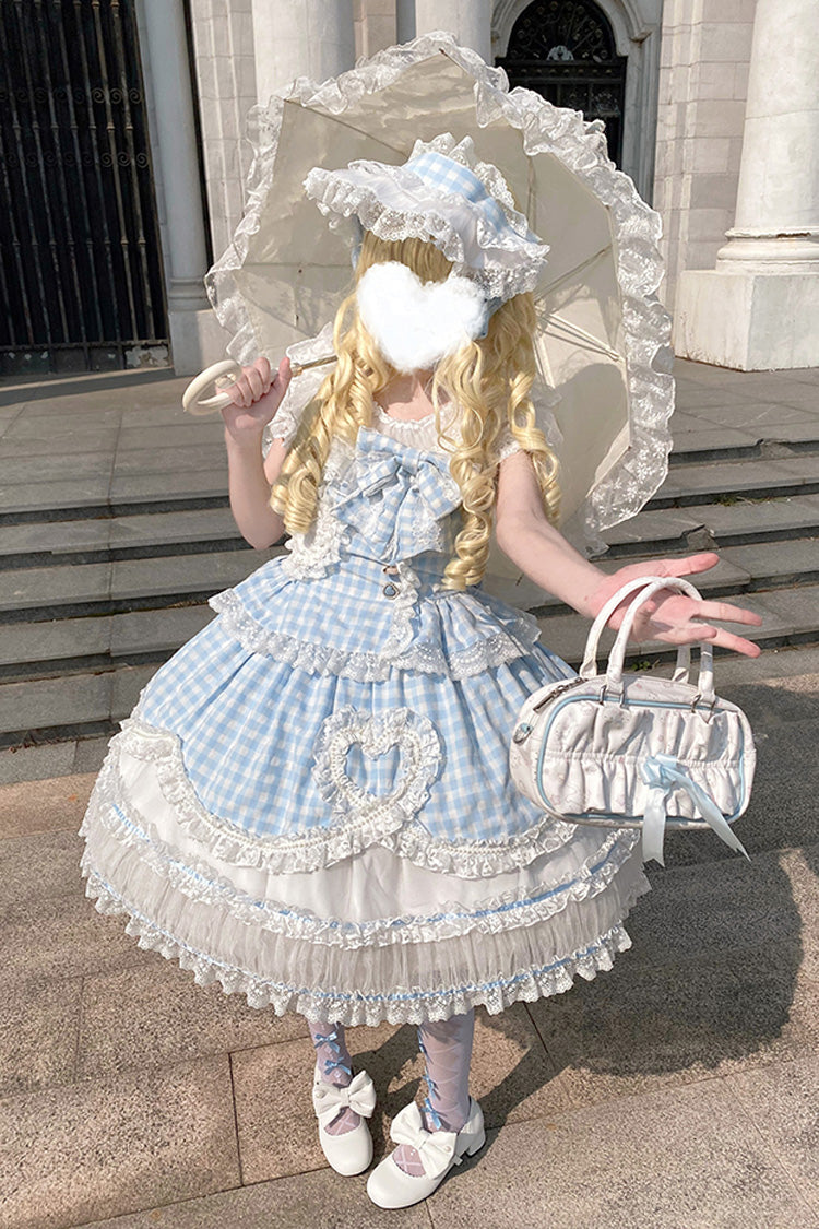 Blue Tea Break Sweetheart Short Sleeves Multi-Layered Plaid Print Ruffle Sweet Lolita Dress
