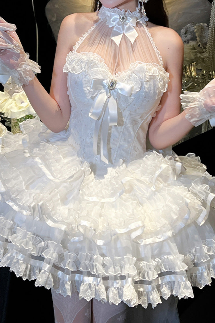 White Love God Bride Halterneck Ruffle Hanayome Bowknot Lace Sweet Princess Lolita Jsk Dress