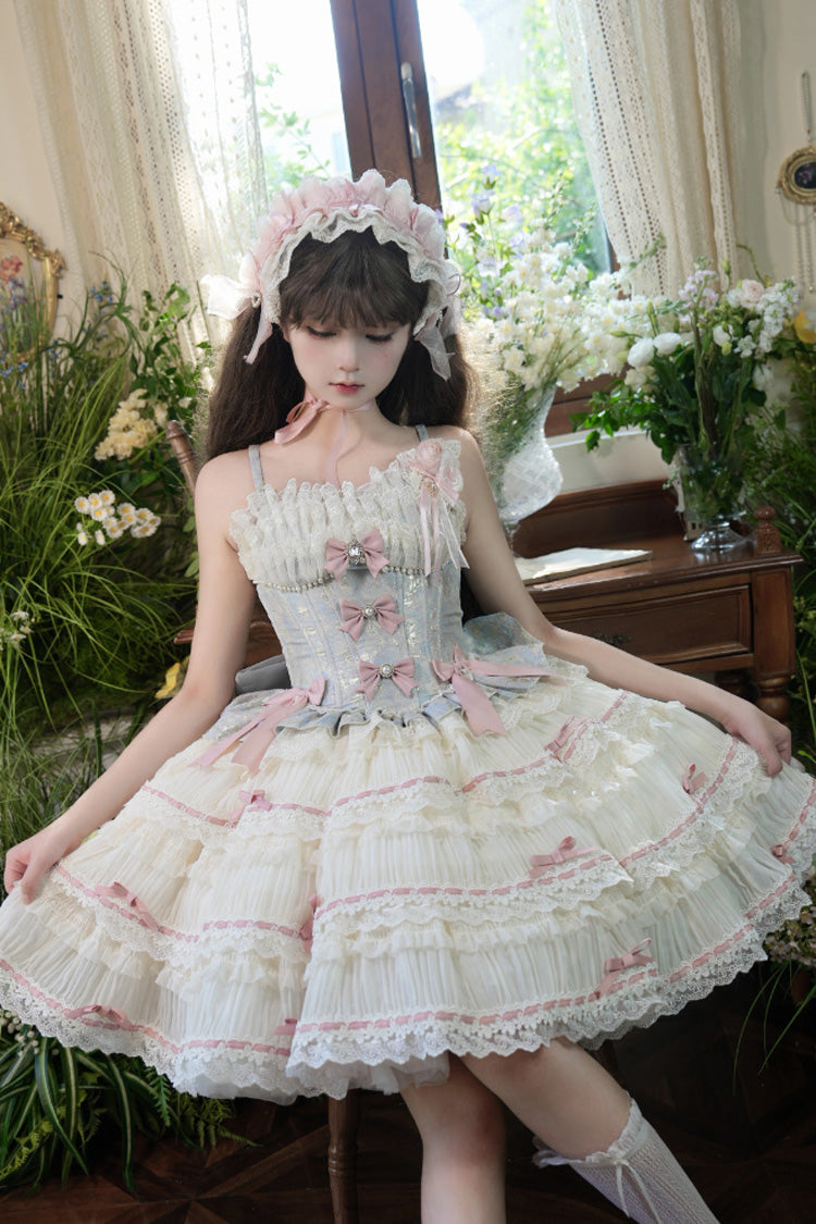 Blue/Apricot Sea Salt Souffle Sleeveless Multi-Layered Bowknot Lace Sweet Ballet Lolita Jsk Dress