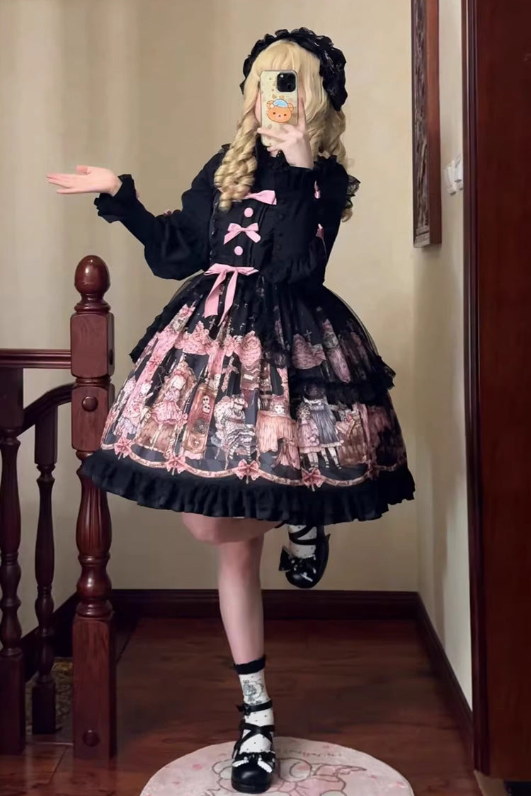 Black The Case of the Missing Lamb Print Ruffle Bowknot Lace Gothic Lolita Jsk Dress