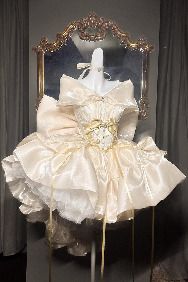 Gold Proxima Centauri Off Shoulder Ruffle Bowknot Sweet Princess Lolita Dress