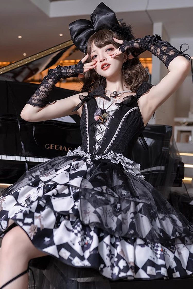 Black/White Board Games Triple-Layered Print Ruffle Vintage Lolita Skirt