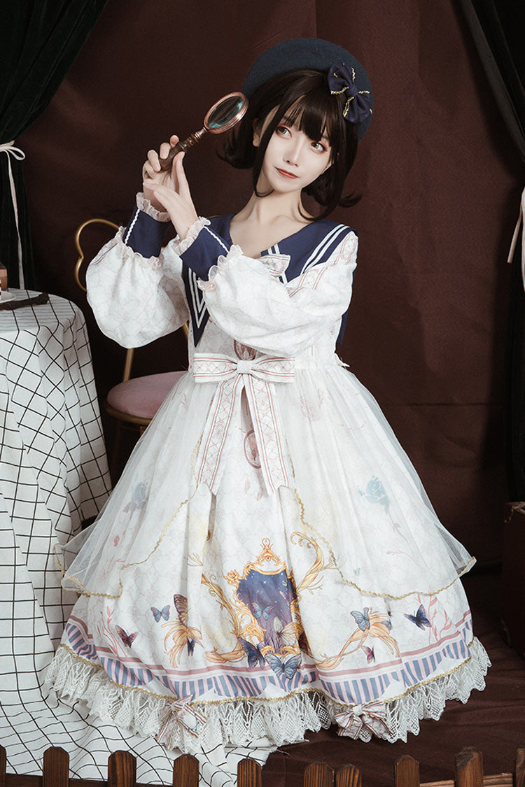 White Navy Collar Long Sleeves Butterfly Print Ruffle Bowknot Sweet Elegant Princess Lolita Dress