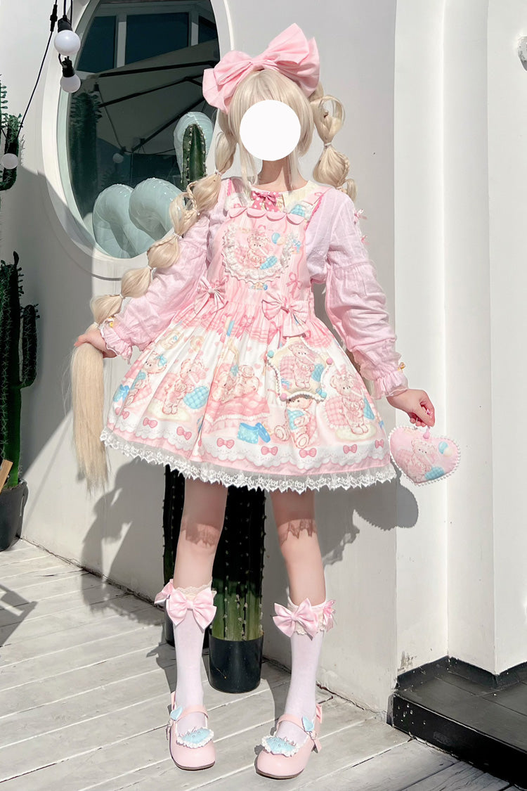 Kawaii Bears Print Pink Bowknot Stitching Lace Sweet Lolita Strap Dress