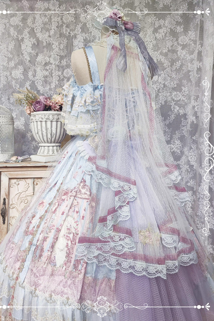 Blue Moonlight Melody Off Shoulder Sleeveless Multi-Layered Hanayome Open-Front Bow Lace Sweet Gorgeous Lolita Jsk Dress Set