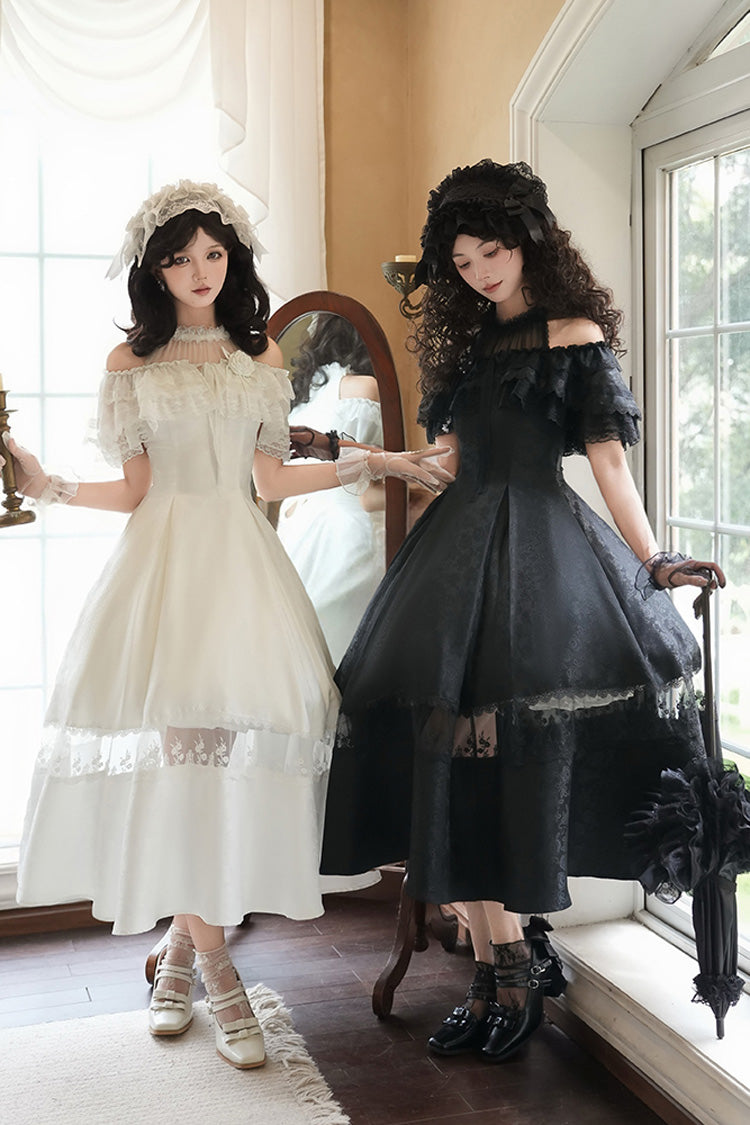 White Flowers in the Mist Off Shoulder Halterneck Print Ruffle Gothic Elegant Lolita Dress