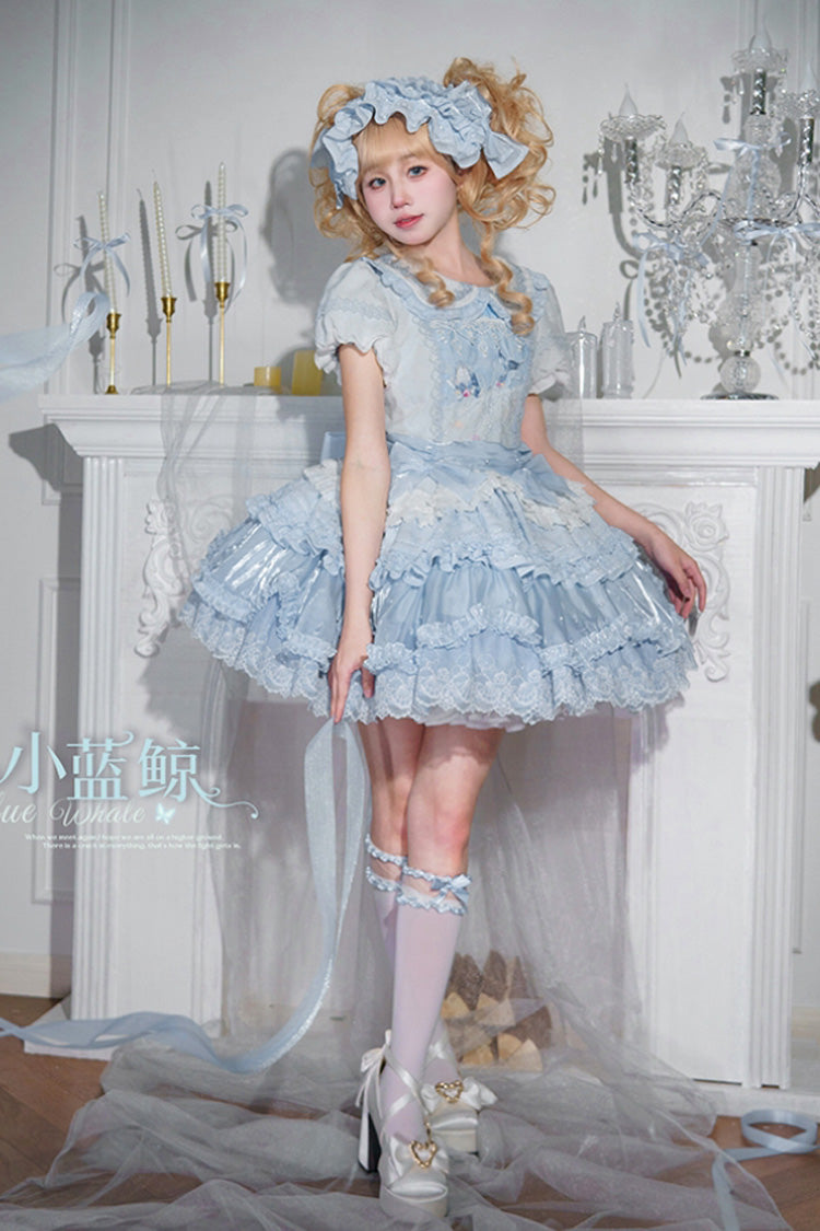 Blue Whale Lapel Collar Short Sleeves Triple-Layered Ruffle Embroidery Sweet Lolita Dress